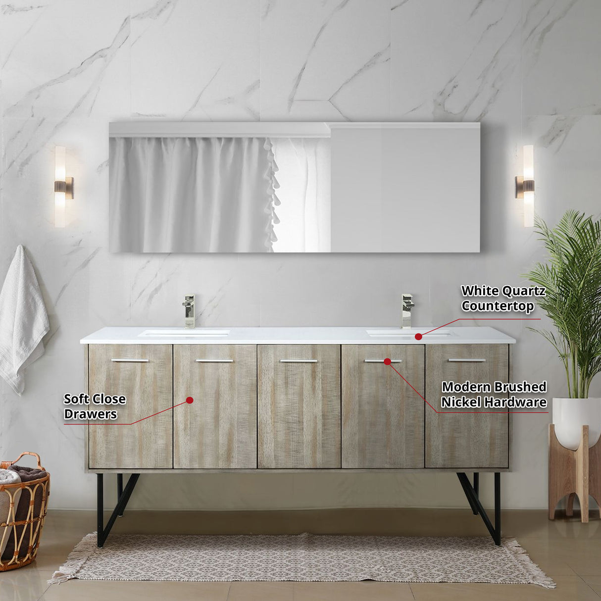 Lancy 72 in. Rustic Acacia  Freestanding Bathroom Vanity with White Quartz Top, White Square Sink, and Labaro Brushed Nickel Faucet Set