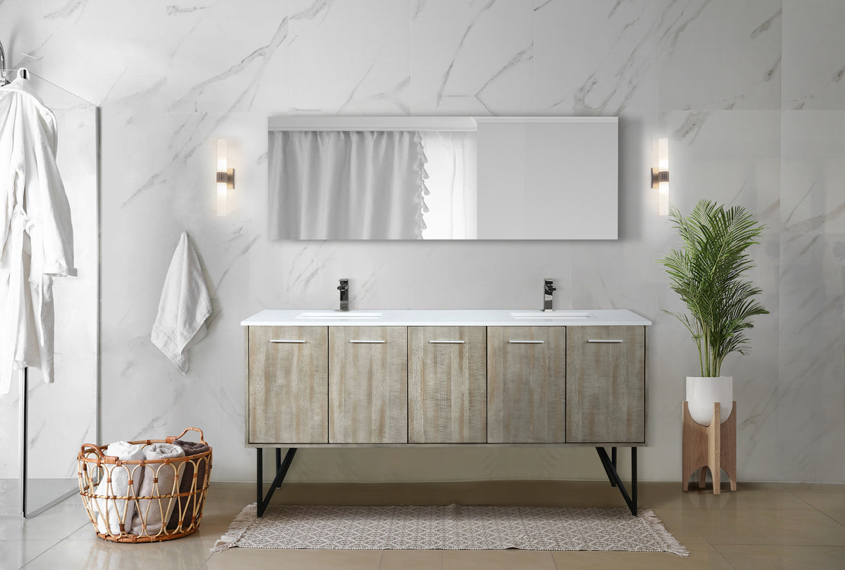 Lancy 72" Rustic Acacia Double Bathroom Vanity, White Quartz Top, White Square Sinks, Balzani Gun Metal Faucet Set, and 70" Frameless Mirror