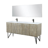 Lancy 72" Rustic Acacia Double Bathroom Vanity, White Quartz Top, White Square Sinks, Balzani Gun Metal Faucet Set, and 70" Frameless Mirror