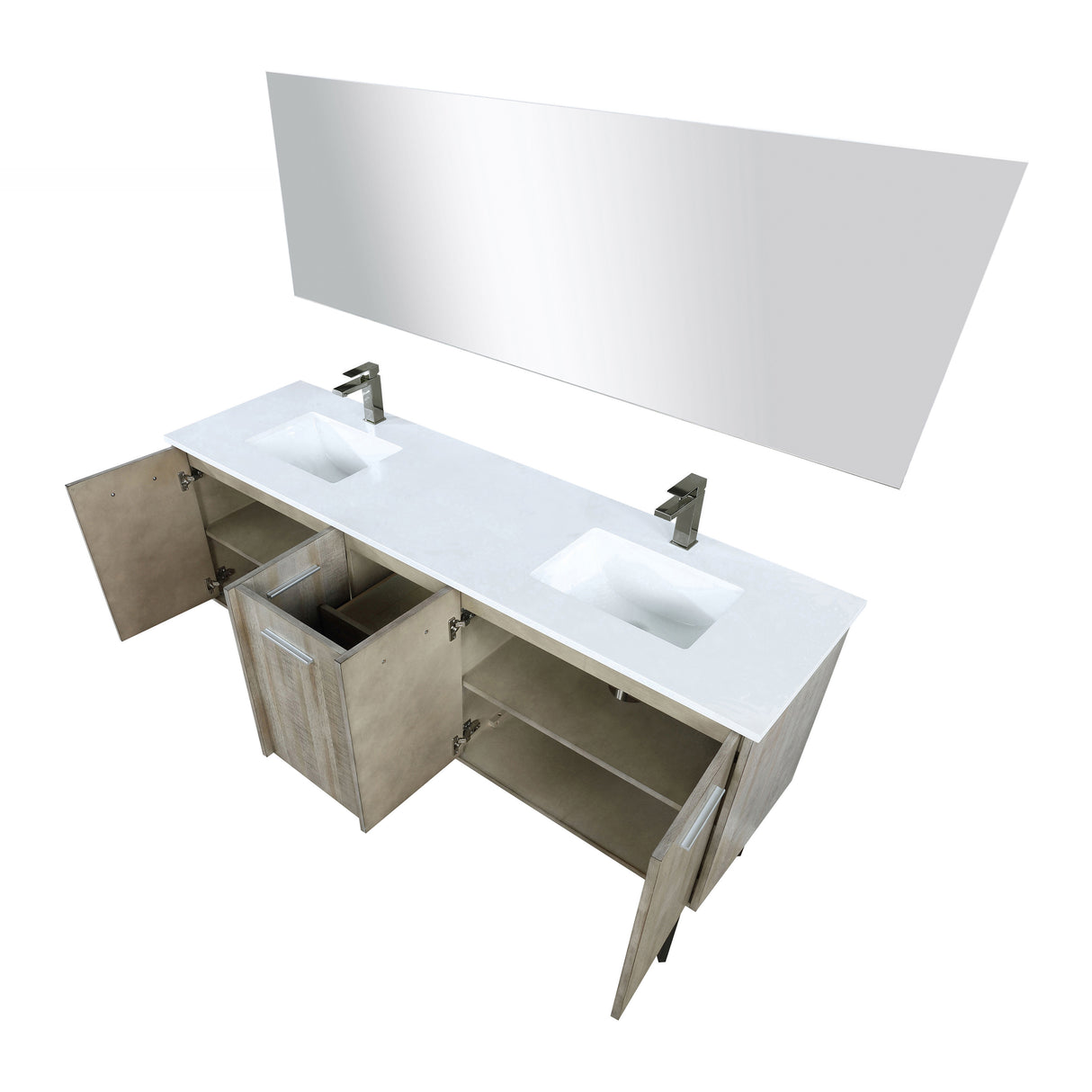 Lancy 72" Rustic Acacia Double Bathroom Vanity, White Quartz Top, White Square Sinks, Balzani Gun Metal Faucet Set, and 70" Frameless Mirror