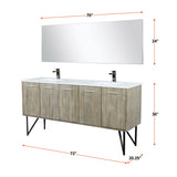 Lancy 72" Rustic Acacia Double Bathroom Vanity, White Quartz Top, White Square Sinks, Balzani Gun Metal Faucet Set, and 70" Frameless Mirror