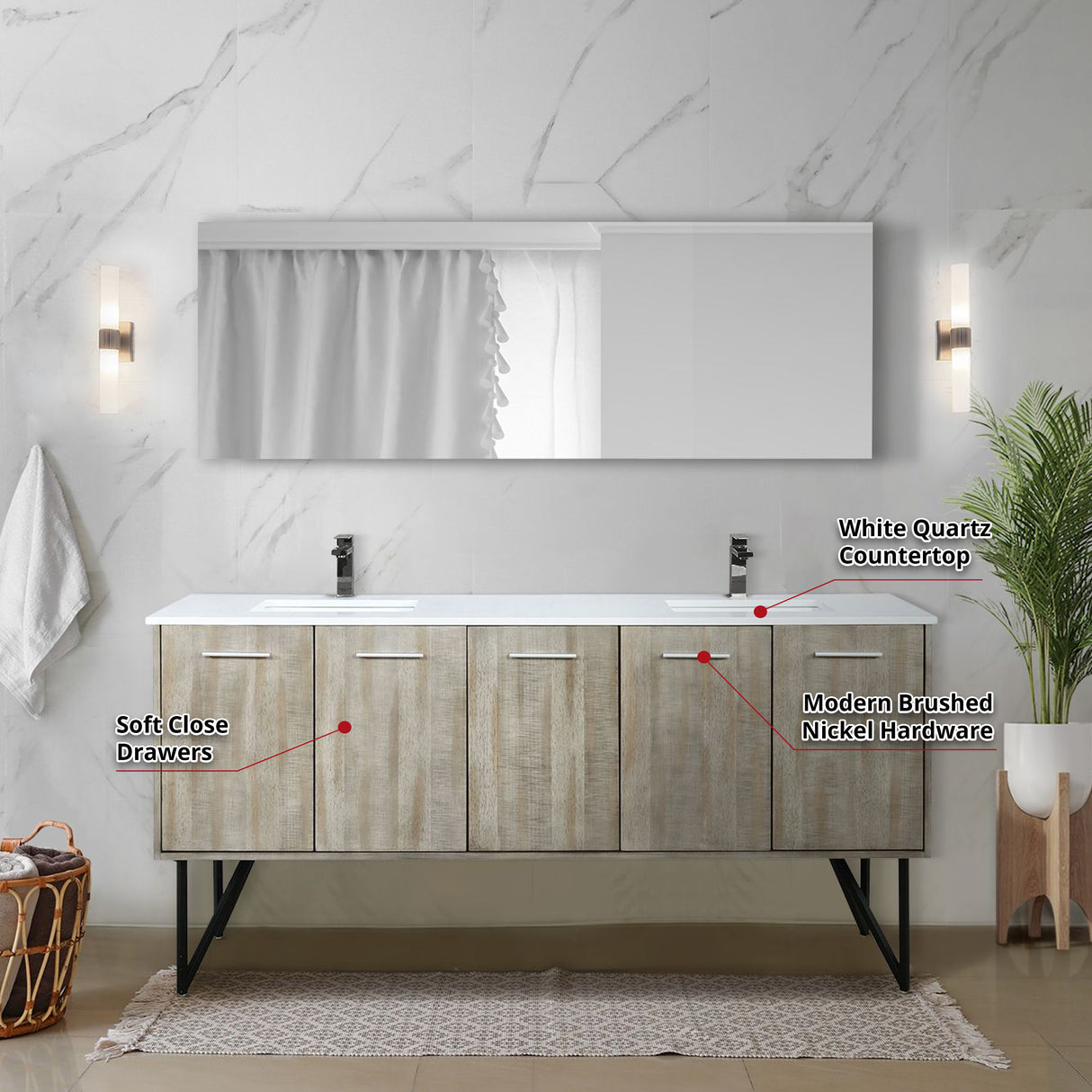 Lancy 72 in. Rustic Acacia  Freestanding Bathroom Vanity with White Quartz Top, White Square Sink, and Balzani Gun Metal Faucet Set