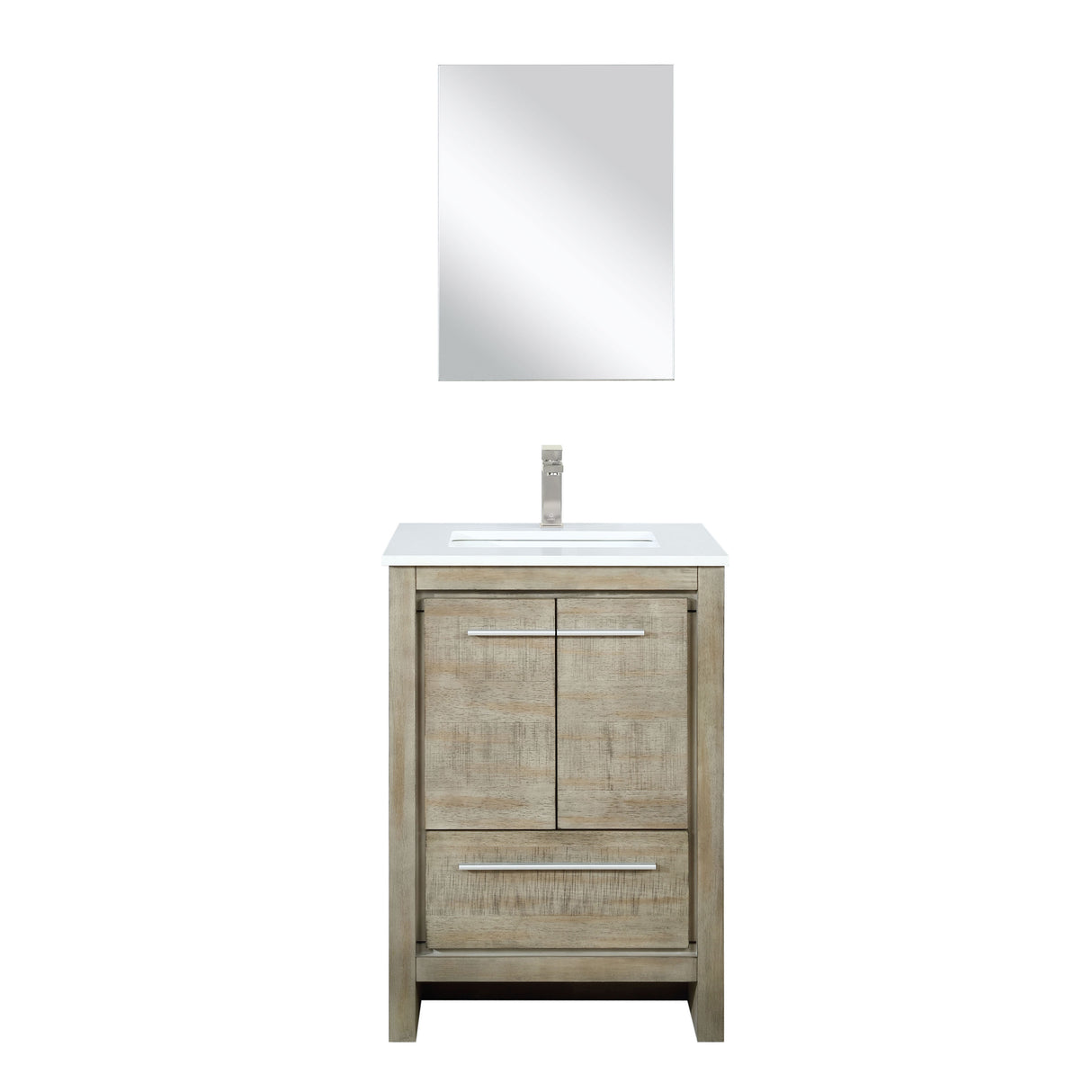 Lafarre 24" Rustic Acacia Bathroom Vanity, White Quartz Top, White Square Sink, Labaro Brushed Nickel Faucet Set, and 18" Frameless Mirror