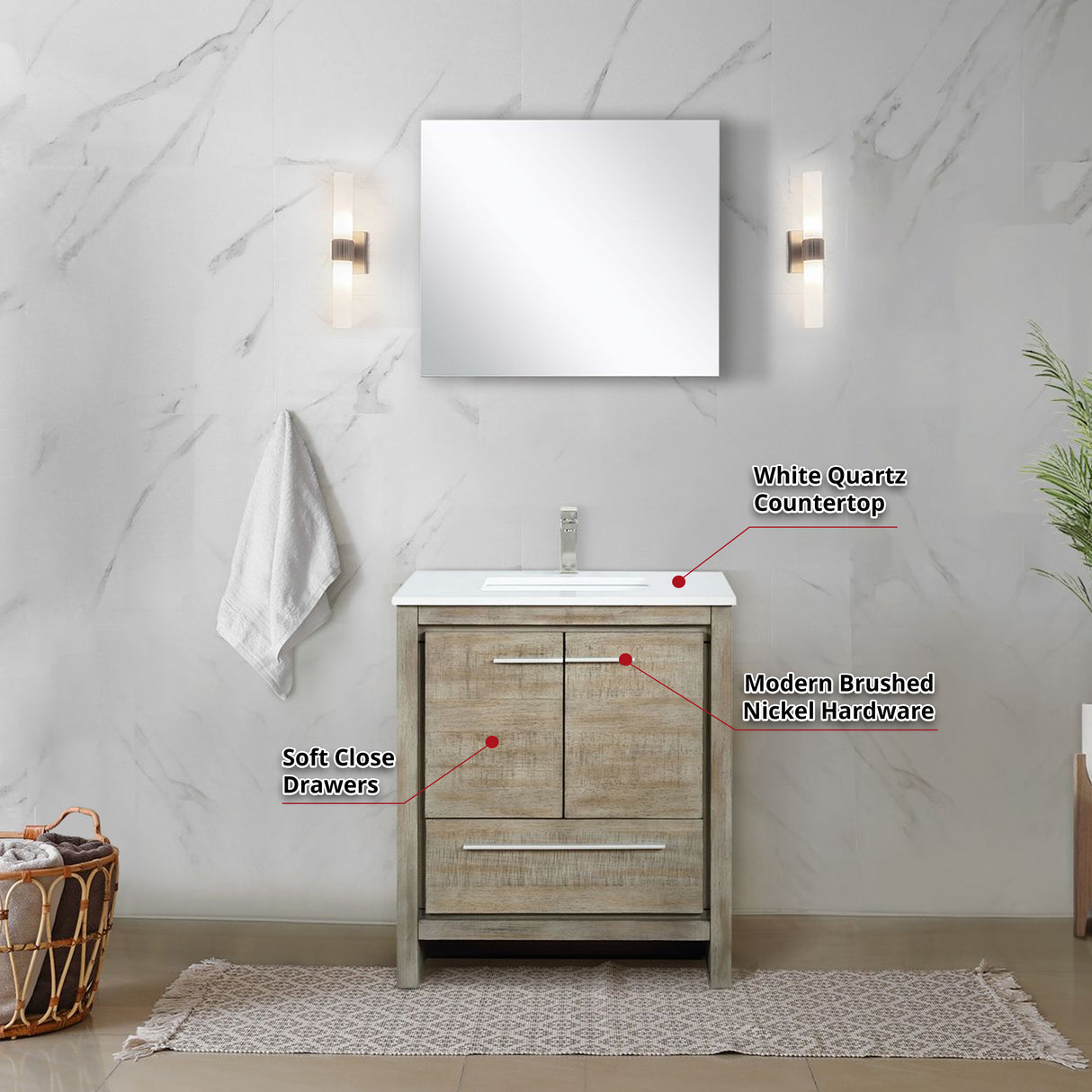 Lafarre 30" Rustic Acacia Bathroom Vanity, White Quartz Top, White Square Sink, Labaro Brushed Nickel Faucet Set, and 28" Frameless Mirror