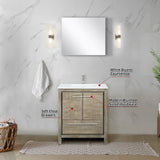 Lafarre 30" Rustic Acacia Bathroom Vanity, White Quartz Top, White Square Sink, Labaro Brushed Nickel Faucet Set, and 28" Frameless Mirror