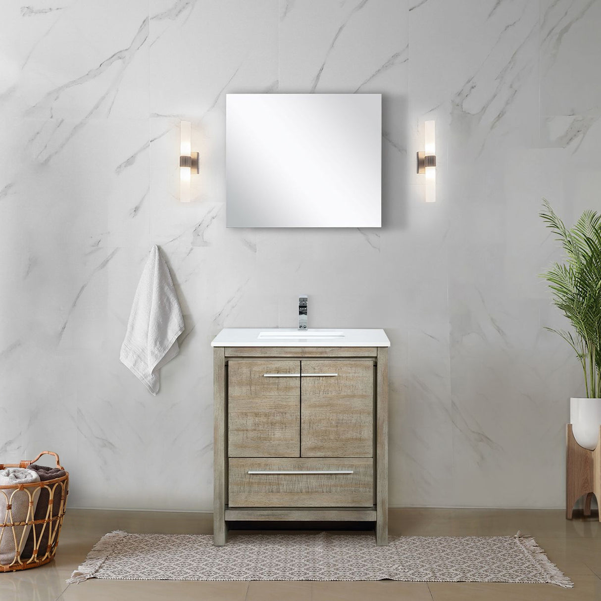 Lafarre 30 in. Rustic Acacia  Freestanding Bathroom Vanity with White Quartz Top, White Square Sink, and Monte Chrome Faucet Set