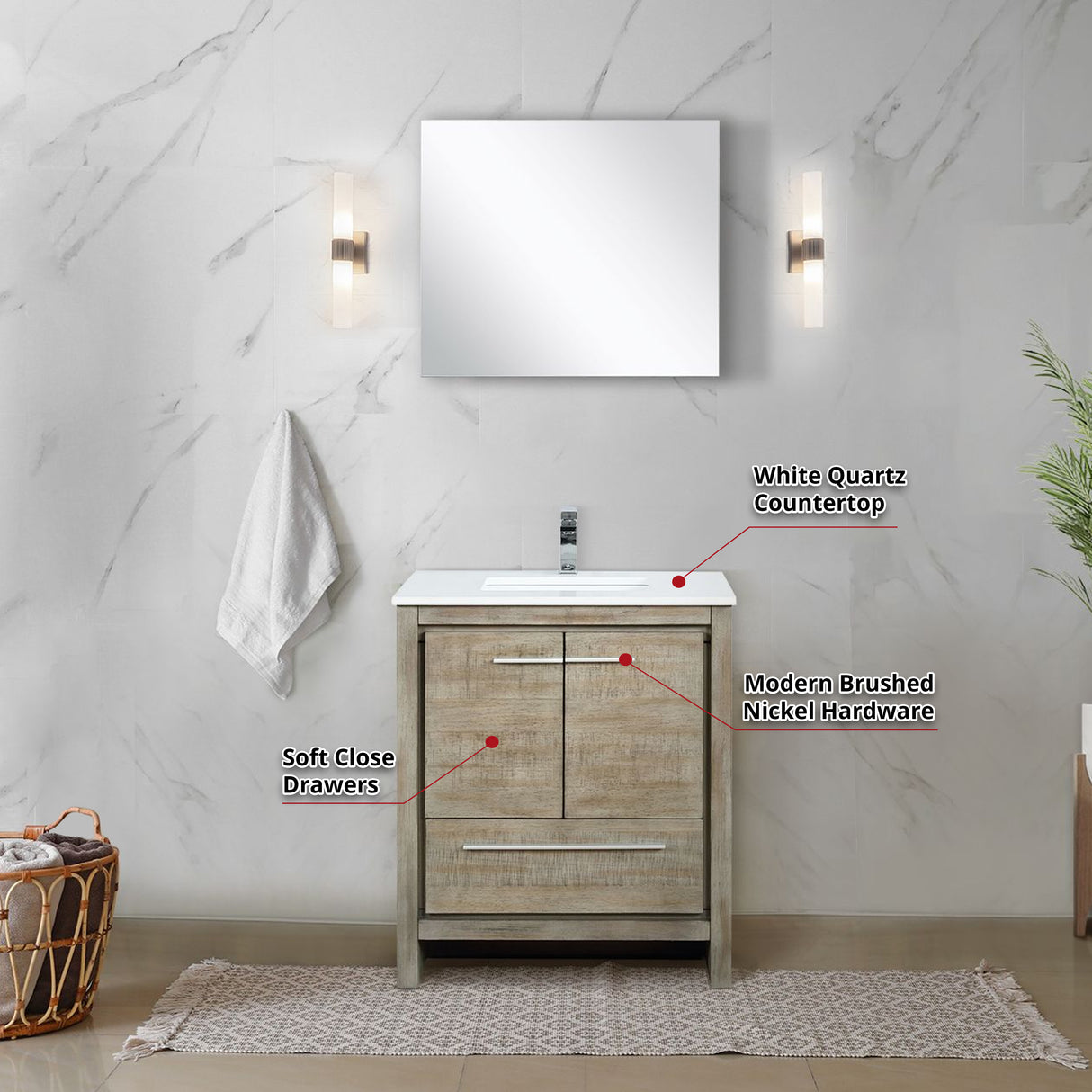 Lafarre 30" Rustic Acacia Bathroom Vanity, White Quartz Top, White Square Sink, Monte Chrome Faucet Set, and 28" Frameless Mirror