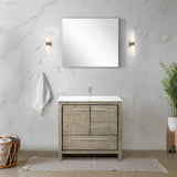 Lafarre 36" Rustic Acacia Bathroom Vanity, White Quartz Top, White Square Sink, Labaro Brushed Nickel Faucet Set, and 28" Frameless Mirror