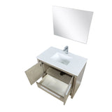 Lafarre 36" Rustic Acacia Bathroom Vanity, White Quartz Top, White Square Sink, Monte Chrome Faucet Set, and 28" Frameless Mirror