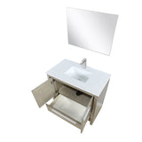 Lafarre 36" Rustic Acacia Bathroom Vanity, White Quartz Top, White Square Sink, Labaro Brushed Nickel Faucet Set, and 28" Frameless Mirror