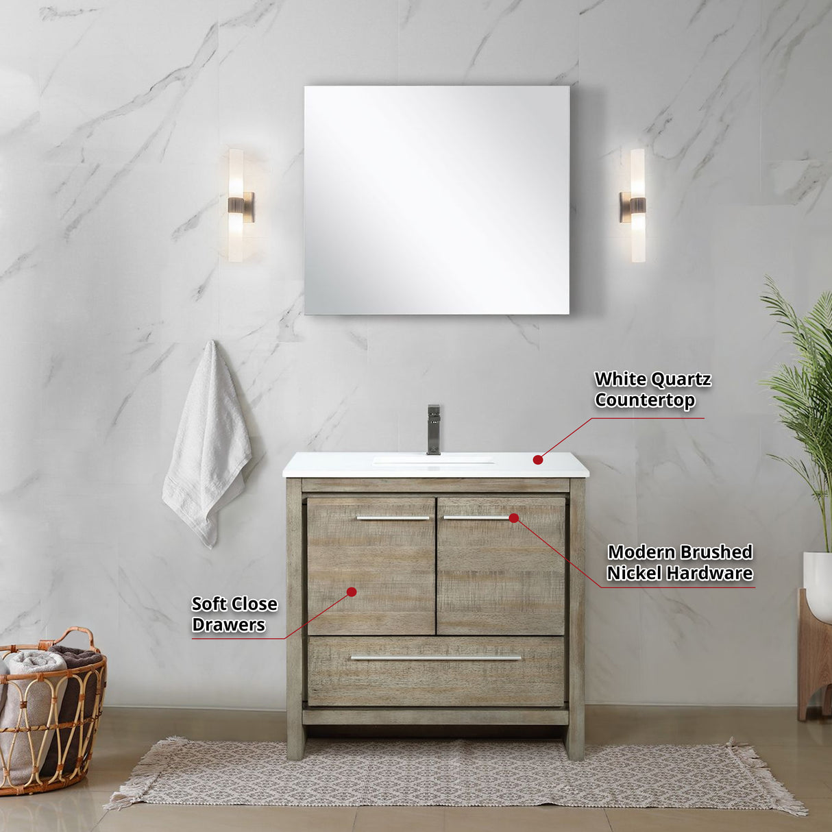 Lafarre 36" Rustic Acacia Bathroom Vanity, White Quartz Top, White Square Sink, and 28" Frameless Mirror