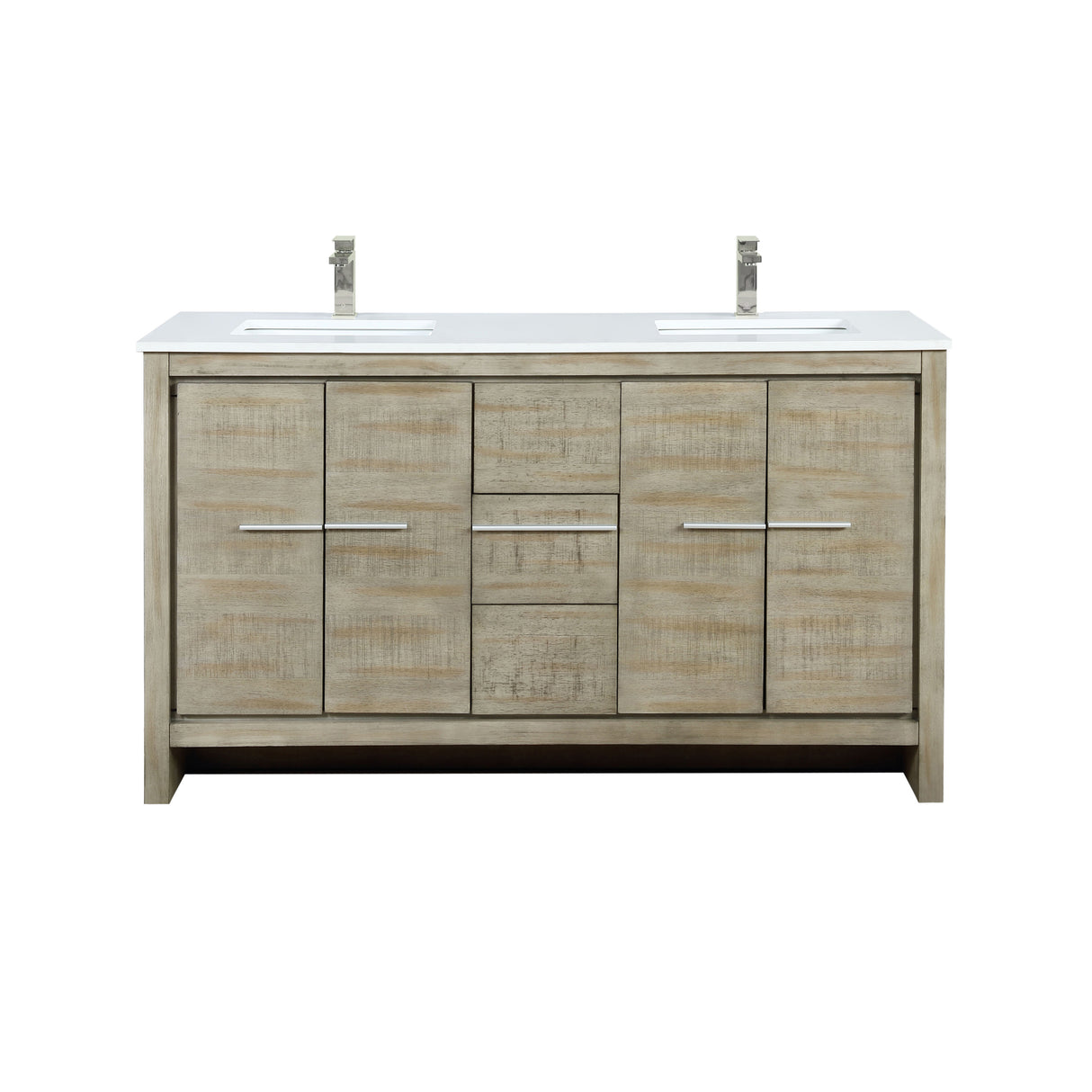 Lafarre 60 in. Rustic Acacia  Freestanding Bathroom Vanity with White Quartz Top, White Square Sink, and Labaro Brushed Nickel Faucet Set