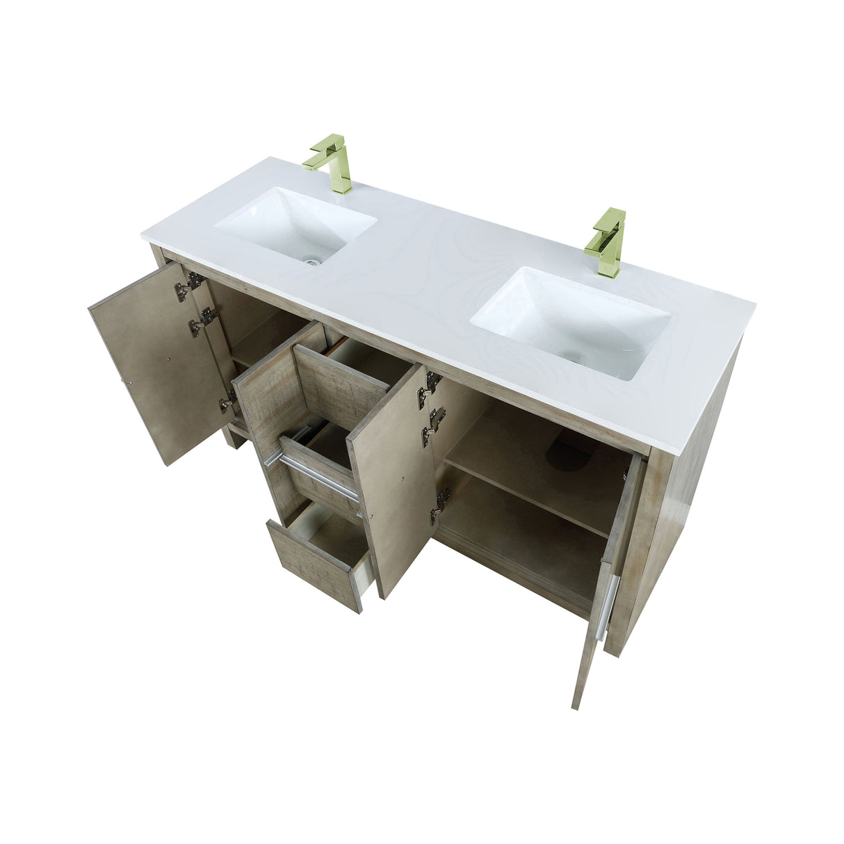 Lafarre 60 in. Rustic Acacia  Freestanding Bathroom Vanity with White Quartz Top, White Square Sink, and Labaro Brushed Nickel Faucet Set