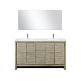 Lafarre 60" Rustic Acacia Double Bathroom Vanity, White Quartz Top, White Square Sinks, Labaro Brushed Nickel Faucet Set, and 55" Frameless Mirror