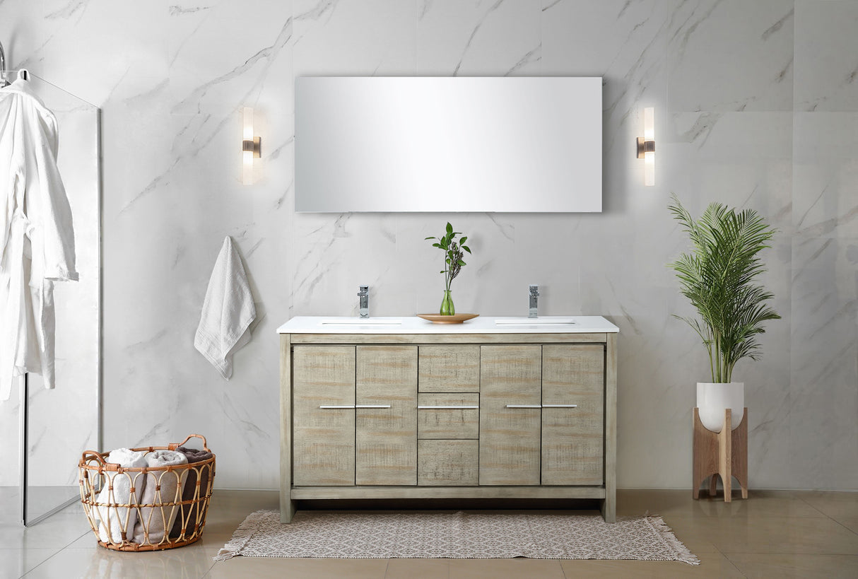 Lafarre 60" Rustic Acacia Double Bathroom Vanity, White Quartz Top, White Square Sinks, Monte Chrome Faucet Set, and 55" Frameless Mirror