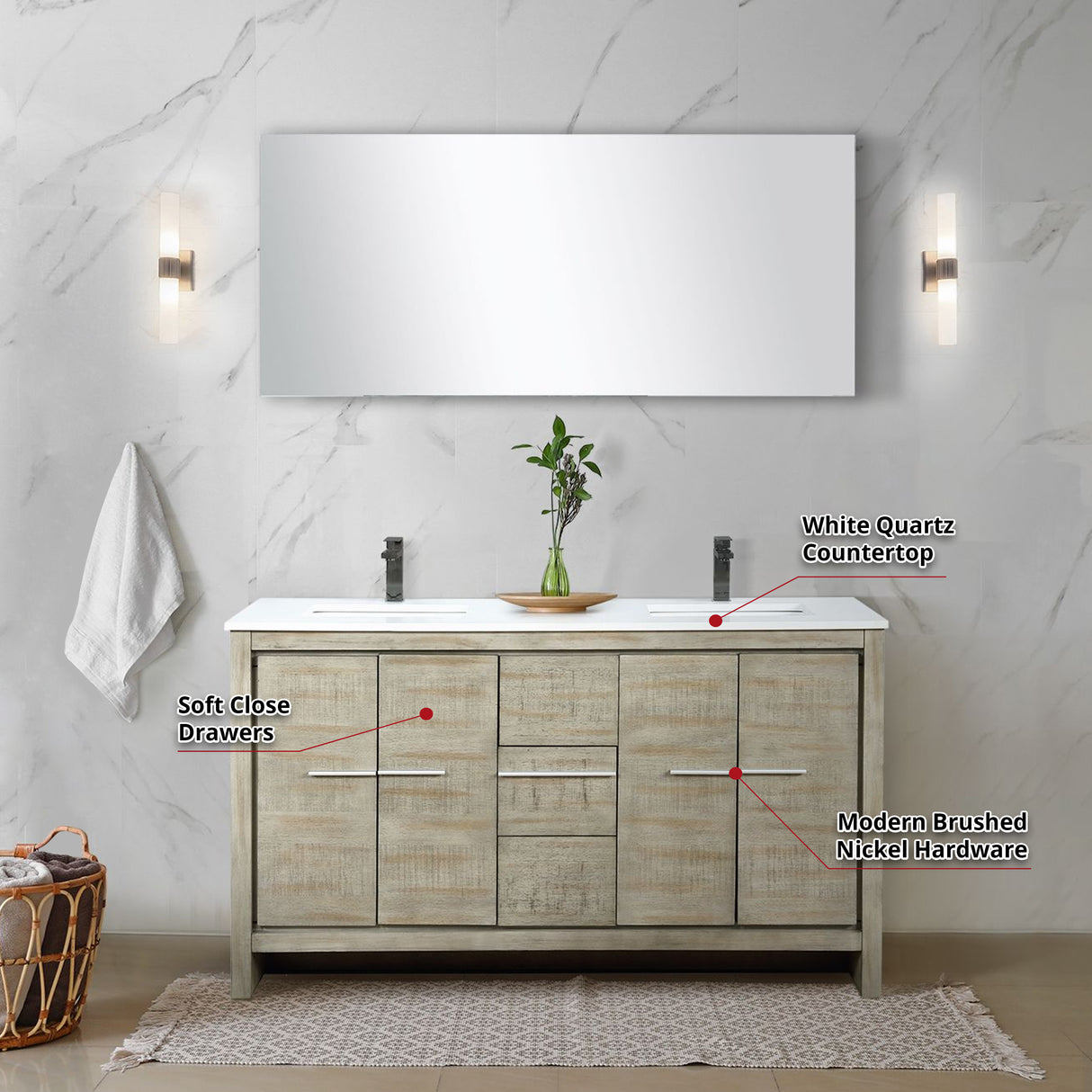 Lafarre 60" Rustic Acacia Double Bathroom Vanity, White Quartz Top, White Square Sinks, and 55" Frameless Mirror