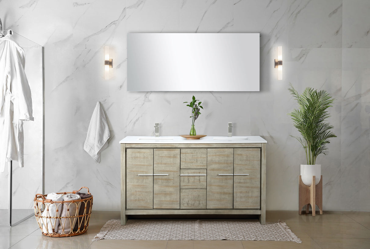Lafarre 60 in. Rustic Acacia  Freestanding Bathroom Vanity with White Quartz Top, White Square Sink, and Labaro Brushed Nickel Faucet Set