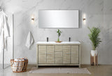 Lafarre 60" Rustic Acacia Double Bathroom Vanity, White Quartz Top, White Square Sinks, Balzani Gun Metal Faucet Set, and 55" Frameless Mirror