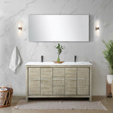 Lafarre 60" Rustic Acacia Double Bathroom Vanity, White Quartz Top, White Square Sinks, Monte Chrome Faucet Set, and 55" Frameless Mirror