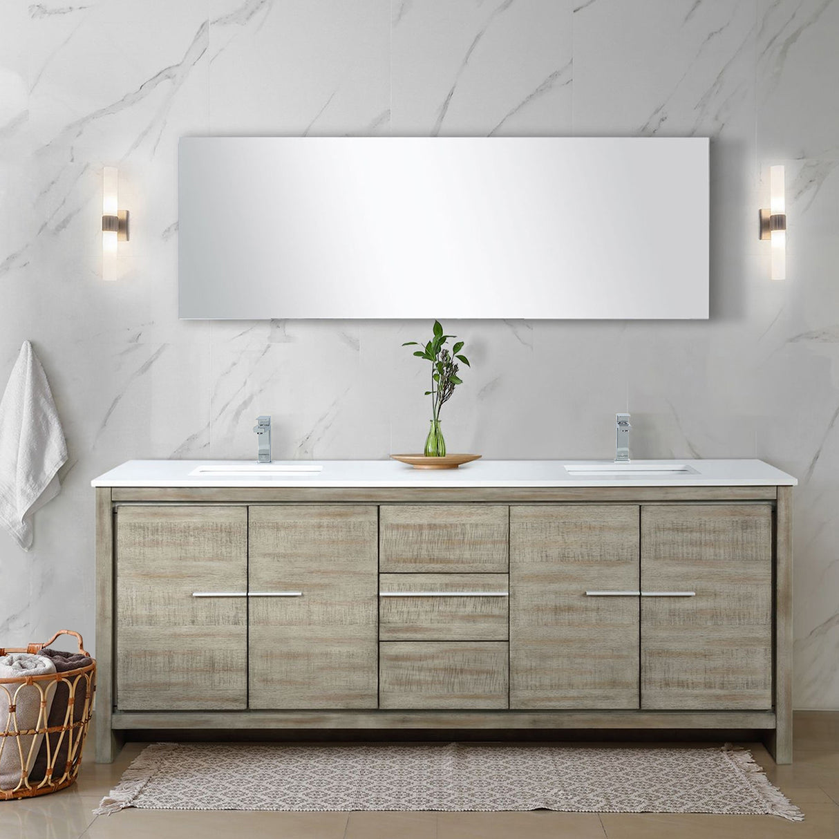 Lafarre 80" Rustic Acacia Double Bathroom Vanity, White Quartz Top, White Square Sinks, Balzani Gun Metal Faucet Set, and 70" Frameless Mirror