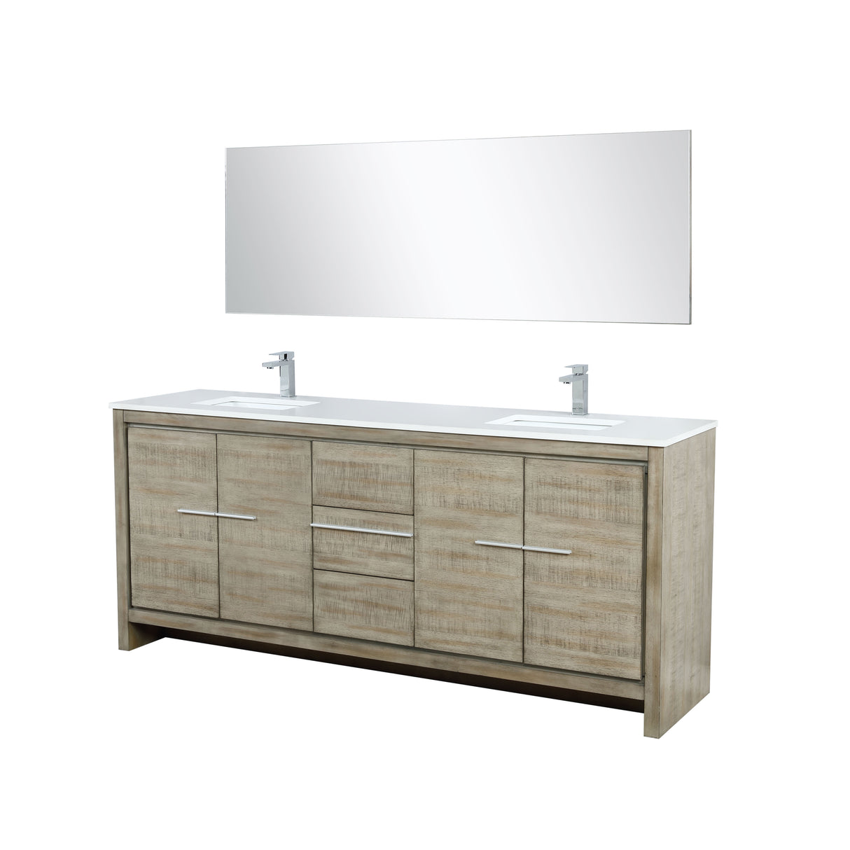 Lafarre 80" Rustic Acacia Double Bathroom Vanity, White Quartz Top, White Square Sinks, Monte Chrome Faucet Set, and 70" Frameless Mirror