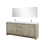 Lafarre 80" Rustic Acacia Double Bathroom Vanity, White Quartz Top, White Square Sinks, Monte Chrome Faucet Set, and 70" Frameless Mirror
