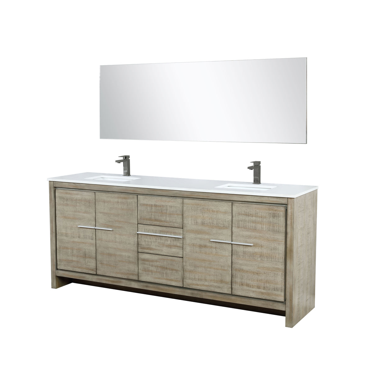 Lafarre 80" Rustic Acacia Double Bathroom Vanity, White Quartz Top, White Square Sinks, Balzani Gun Metal Faucet Set, and 70" Frameless Mirror
