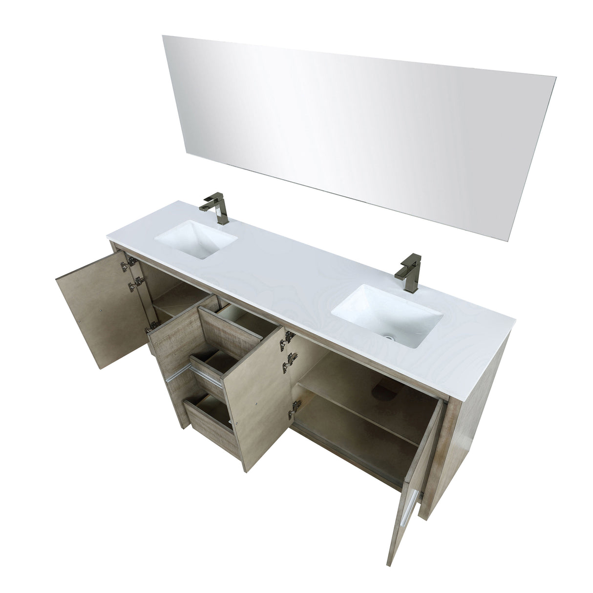 Lafarre 80" Rustic Acacia Double Bathroom Vanity, White Quartz Top, White Square Sinks, Balzani Gun Metal Faucet Set, and 70" Frameless Mirror