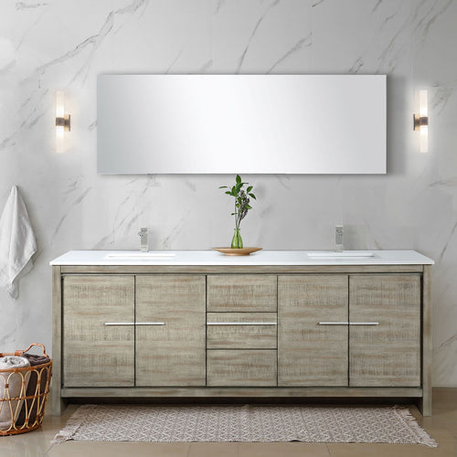 Lafarre 80 in. Rustic Acacia  Freestanding Bathroom Vanity with White Quartz Top, White Square Sink, and Labaro Brushed Nickel Faucet Set