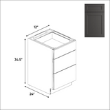 Liberty Shaker Grey - 12 Inch Three Drawer Base Cabinet - 12" Width x 34.5" Height x 24" Depth