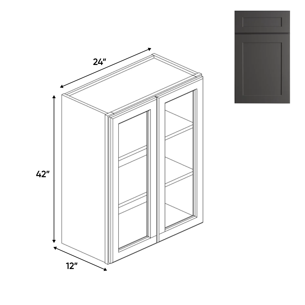 Liberty Shaker Grey - 24 Inch Double Glass Door Wall Cabinet - 24" Width x 42" Height x 12" Depth