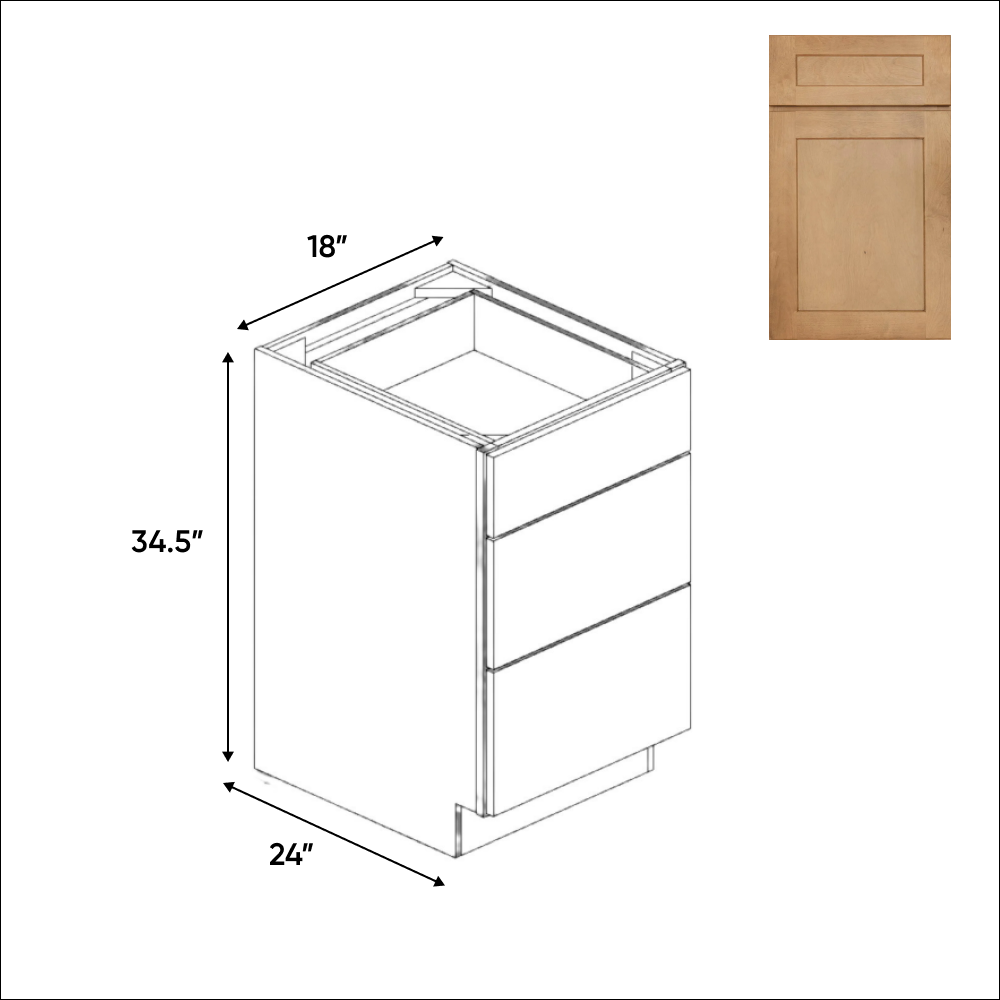 Liberty Shaker Karamel - 18 Inch Three Drawer Base Cabinet - 18" Width x 34.5" Height x 24" Depth