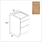 Liberty Shaker Karamel - 30 Inch Three Drawer Base Cabinet - 30" Width x 34.5" Height x 24" Depth