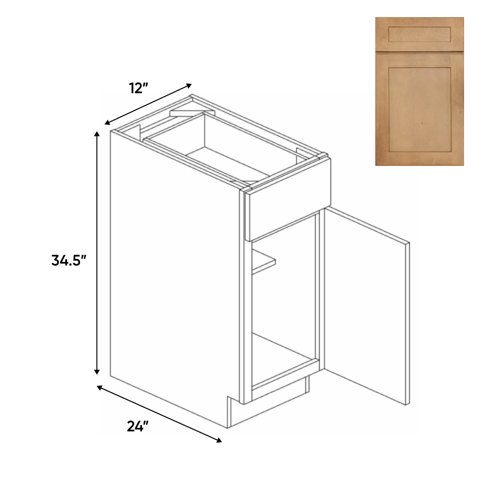 Liberty Shaker Karamel - 12 Inch Full Height Single Door Base Cabinet - 12" Width x 34.5" Height x 24" Depth