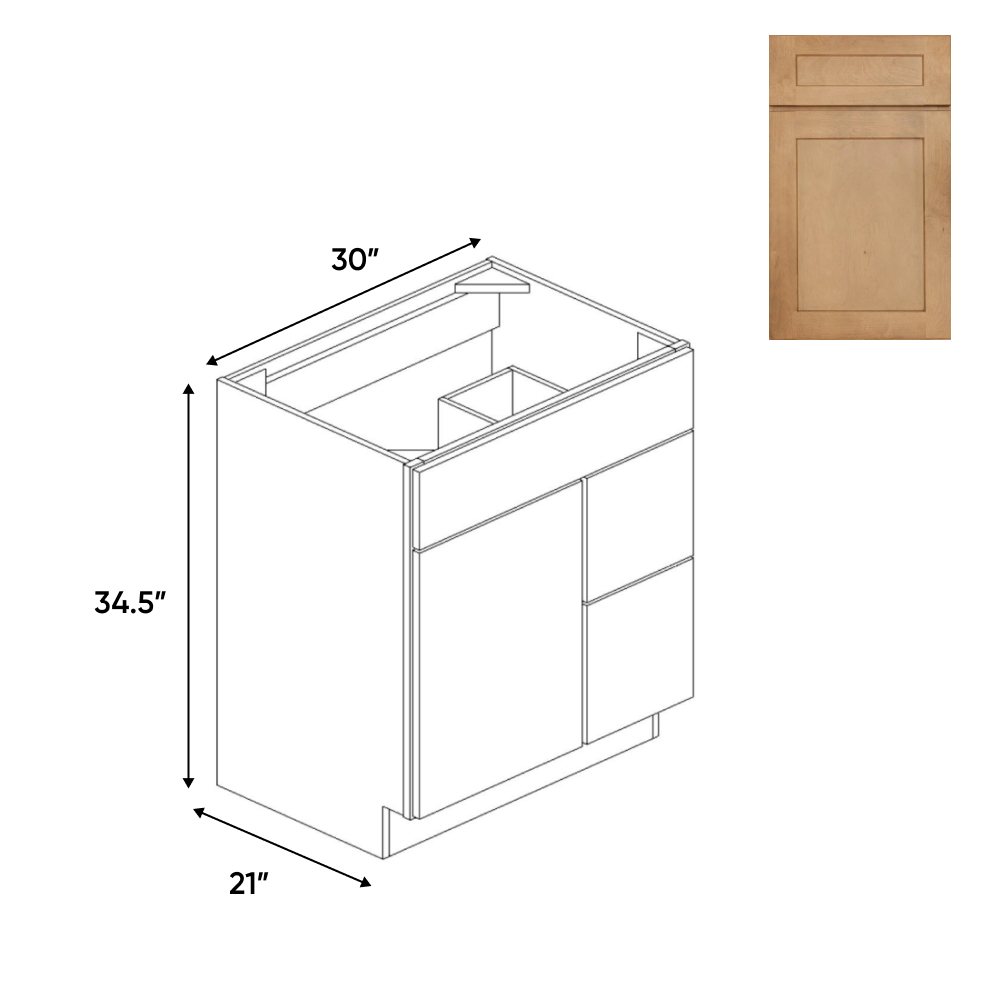 Liberty Shaker Karamel - 30 Inch Vanity Sink Drawer Base Cabinet - 30" Width x 34.5" Height x 21" Depth