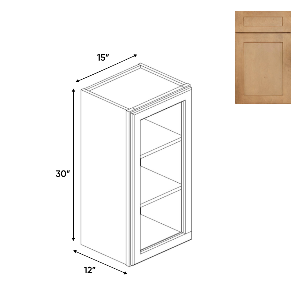 Liberty Shaker Karamel - 15 Inch Single Glass Door Wall Cabinet - 15" Width x 30" Height x 12" Depth