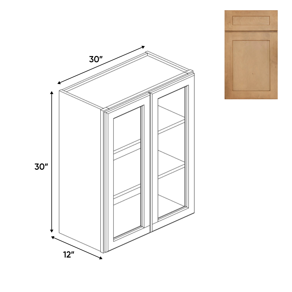 Liberty Shaker Karamel - 30 Inch Double Glass Door Wall Cabinet - 30" Width x 30" Height x 12" Depth