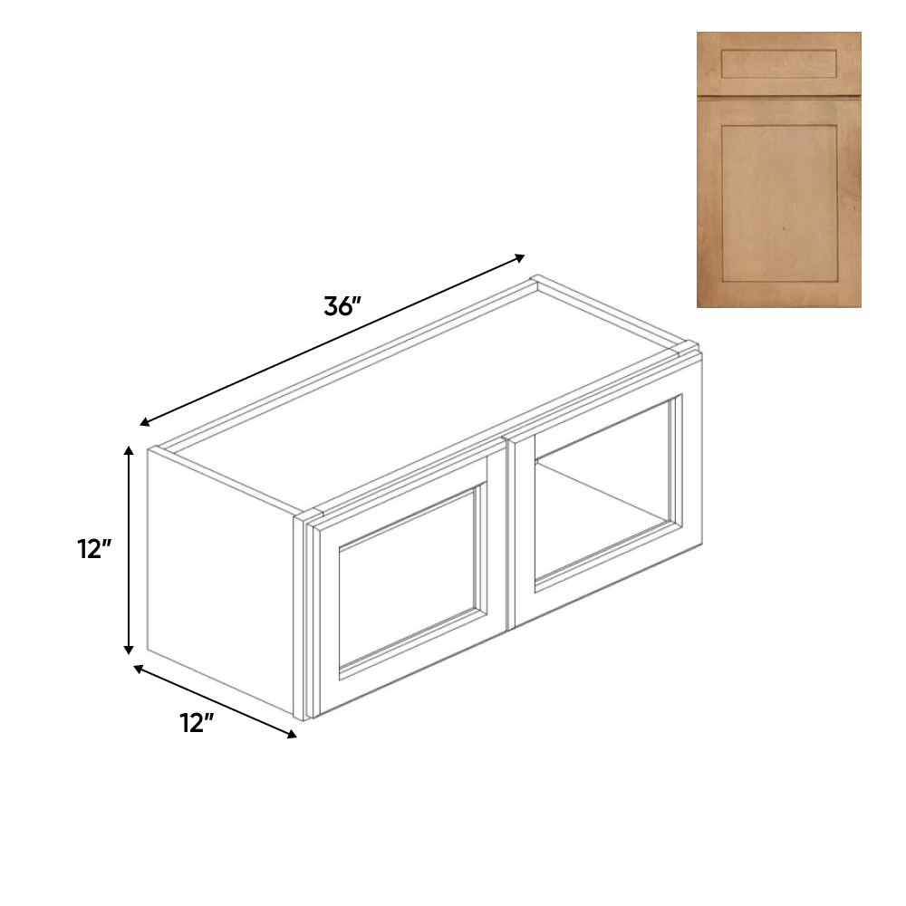 Liberty Shaker Karamel - 36 Inch Double Glass Door Wall Cabinet - 36" Width x 12" Height x 12" Depth