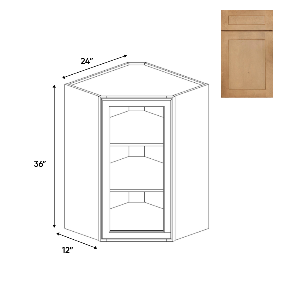 Liberty Shaker Karamel - 24 Inch Diagonal Corner Glass Door Wall Cabinet - 24" Width x 36" Height x 12" Depth