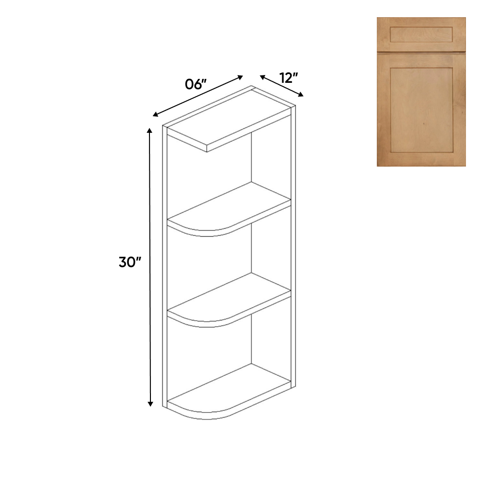 Liberty Shaker Karamel - 30 Inch Wall Open Shelf Wall Cabinet - 06" Width x 30" Height x 12" Depth