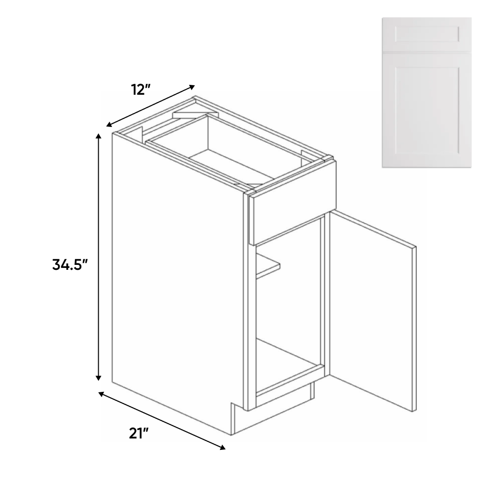 Liberty Shaker White - 12 Inch Vanity Base Cabinet - 12" Width x 34.5" Height x 21" Depth