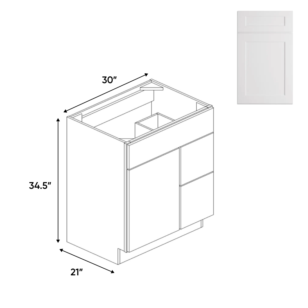 Liberty Shaker White - 30 Inch Vanity Sink Drawer Base Cabinet - 30" Width x 34.5" Height x 21" Depth