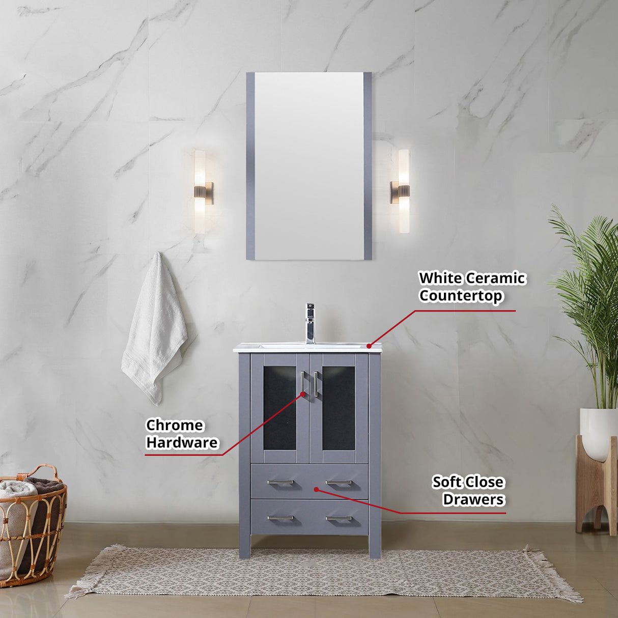 Volez 24 in. Freestanding Bathroom Vanity with Integrated Top, White integrated Square Sink