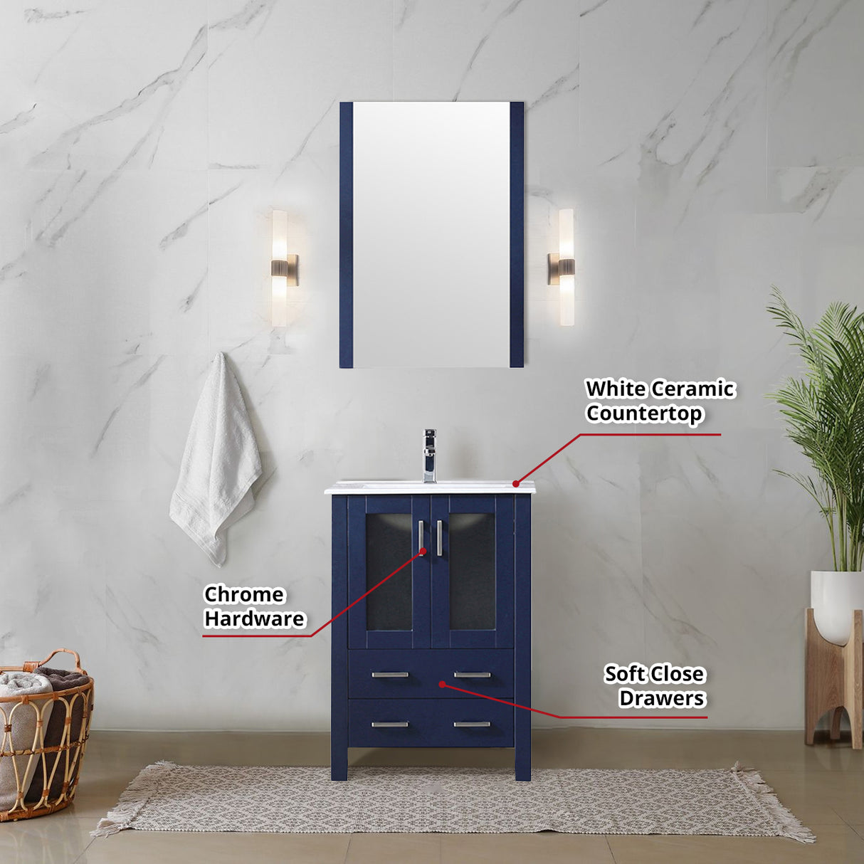 Volez 24 in. Freestanding Bathroom Vanity with Integrated Top, White integrated Square Sink