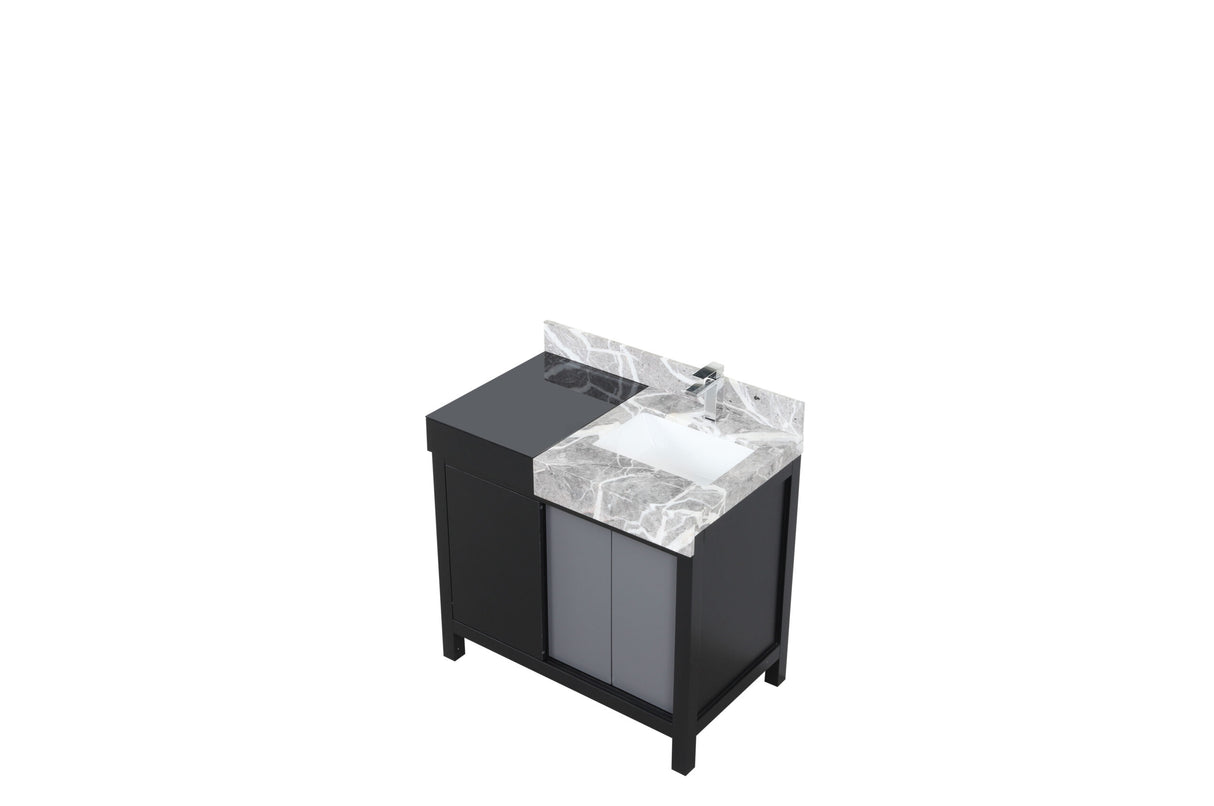 Zilara 36 in. Black and Grey  Freestanding Bathroom Vanity With Castle Grey Marble Top, White Square Sink, and Monte Chrome Faucet