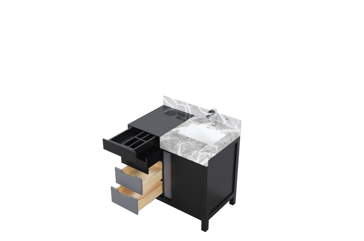 Zilara 36 in. Black and Grey  Freestanding Bathroom Vanity With Castle Grey Marble Top, White Square Sink, and Monte Chrome Faucet