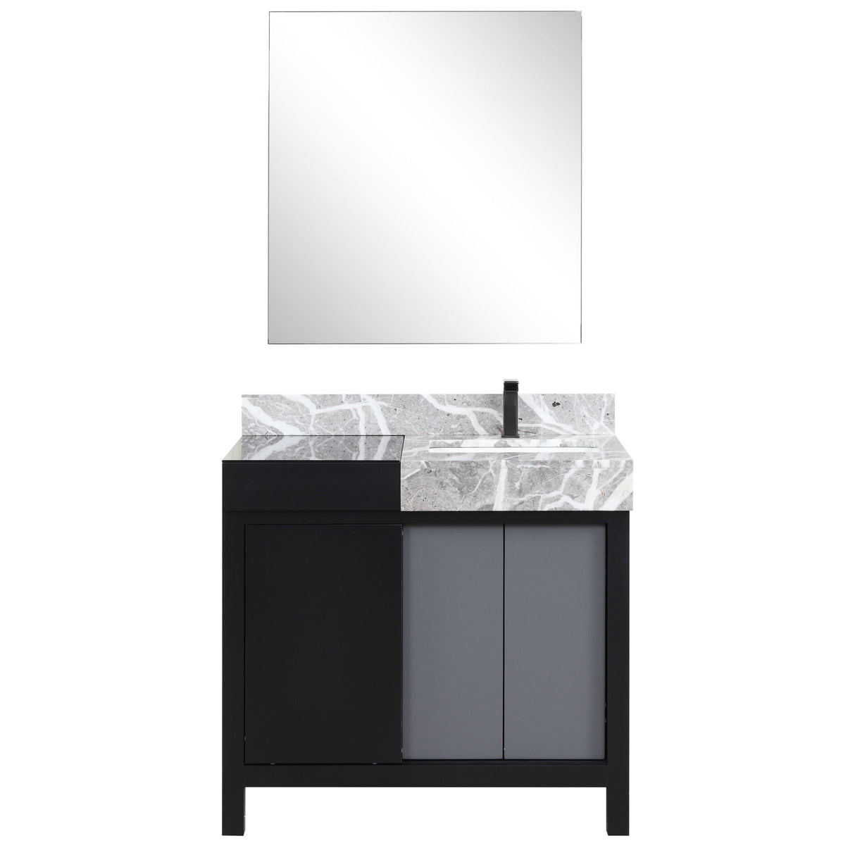 Zilara 36" Black and Grey Vanity, Castle Grey Marble Top, White Square Sink, Balzani Gun Metal Faucet Set, and 30" Frameless Mirror