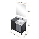Zilara 36" Black and Grey Vanity, Castle Grey Marble Top, White Square Sink, Balzani Gun Metal Faucet Set, and 30" Frameless Mirror