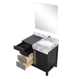 Zilara 36" Black and Grey Vanity, Castle Grey Marble Top, White Square Sink, Monte Chrome Faucet Set, and 30" Frameless Mirror
