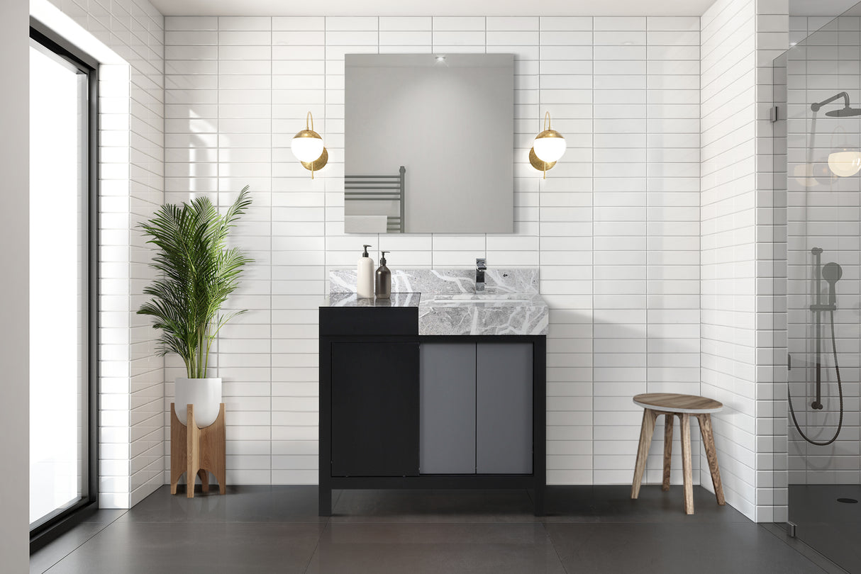 Zilara 36" Black and Grey Vanity, Castle Grey Marble Top, White Square Sink, Monte Chrome Faucet Set, and 30" Frameless Mirror